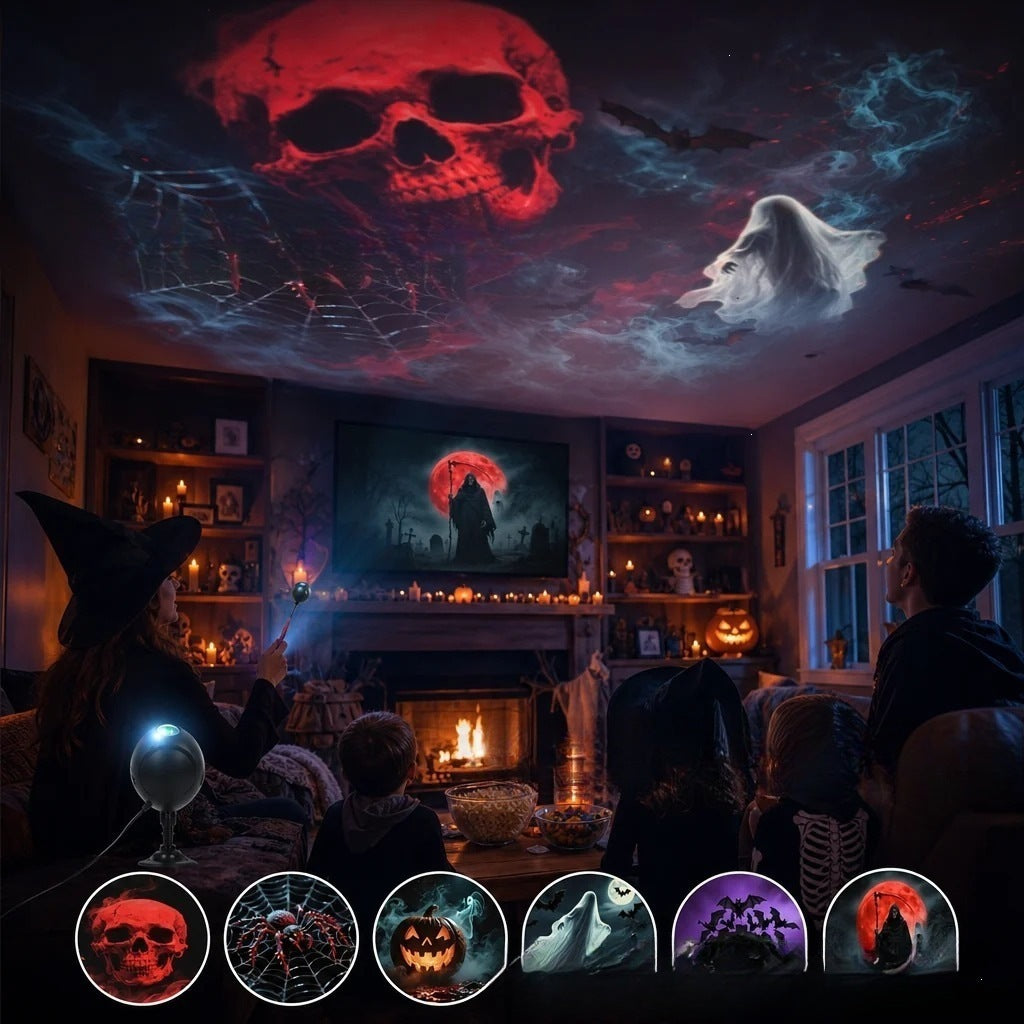 Salon décoré pour Halloween avec crânes rouges et citrouilles projetés au mur par le projecteur